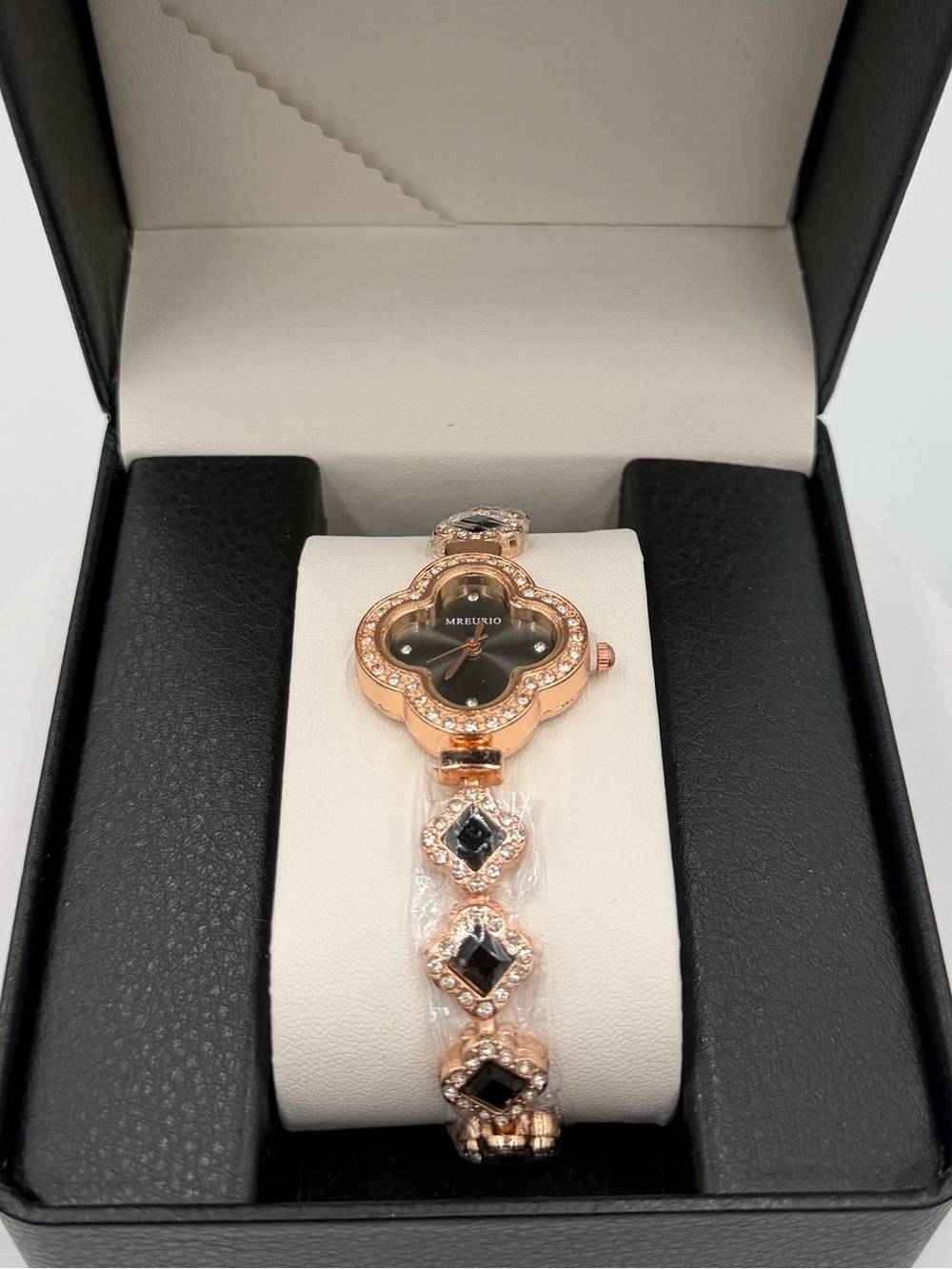 Rose Gold Black Floral Dial Bracelet Watch for Women